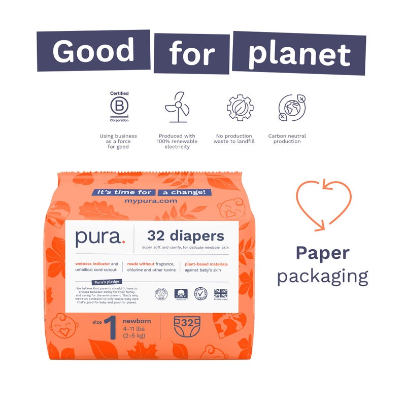 Pura Hypoallergenic Diapers, Size 1 (4-11 lbs), Newborn, Totally Chlorine Free, Wetness Indicator, Suitable for Sensitive Skin, Soft Organic Cotton Comfort, Overnight, 1 Pack of 32 Baby Diapers - Image 4
