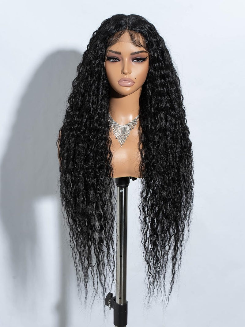 Joedir 32" Long Deep Curly Wavy Lace Front Synthetic Wigs HD Transparent Glueless Lace Wig Heat Resistant Fiber Pre Plucked Hairline with Baby Hair Wig for Women(Black Color) - Image 1
