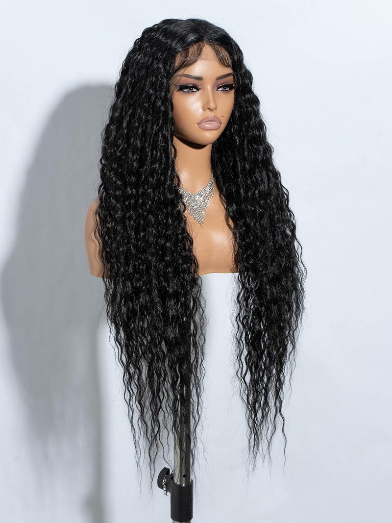 Joedir 32" Long Deep Curly Wavy Lace Front Synthetic Wigs HD Transparent Glueless Lace Wig Heat Resistant Fiber Pre Plucked Hairline with Baby Hair Wig for Women(Black Color) - Image 2