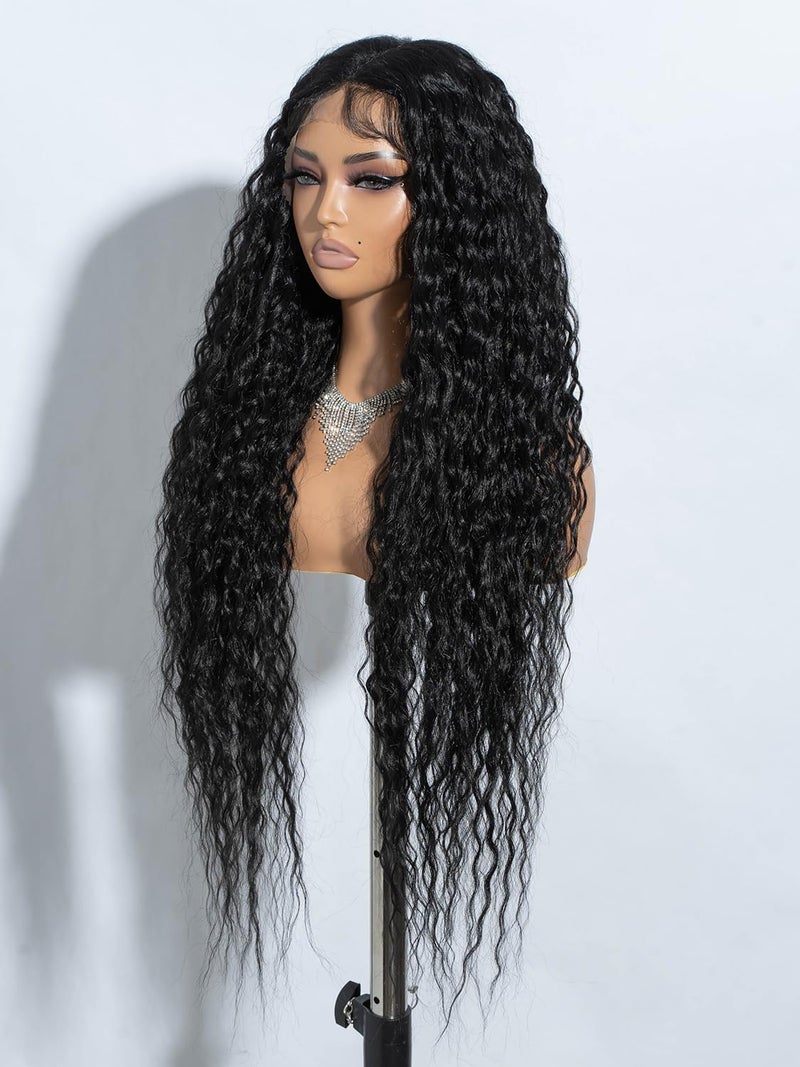 Joedir 32" Long Deep Curly Wavy Lace Front Synthetic Wigs HD Transparent Glueless Lace Wig Heat Resistant Fiber Pre Plucked Hairline with Baby Hair Wig for Women(Black Color) - Image 3