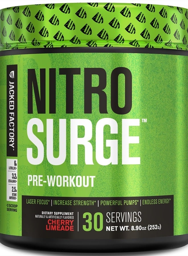 Jacked Factory NITROSURGE Pre Workout Supplement - Endless Energy, Instant Strength Gains, Clear Focus, Intense Pumps - NO Booster & Preworkout Powder with Beta Alanine - 30 Servings, Cherry Limeade - Image 1
