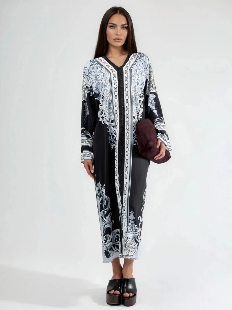 جينيفر Printed Maxi Dress with V-Neck
