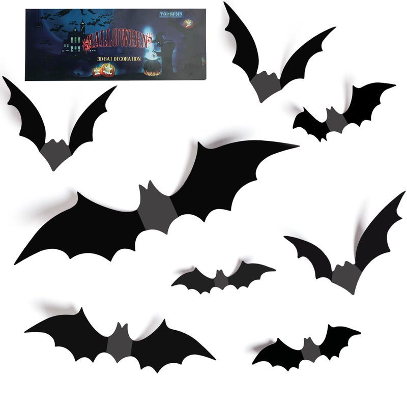 TDHDIKE Halloween Decorations Bats Wall Decor Halloween Party Decorations Indoor Outdoor Decor Supplies 64 Pcs Reusable PVC 3D Black Bats Stickers for Creepy Home Bathroom Decor