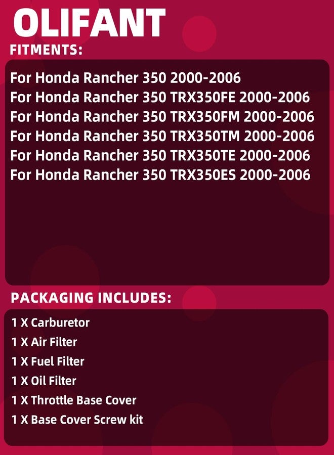 OLIFANT مكربن أوليفانت لهوندا رانشر 350 TRX350 موديلات 2000-2006 (TRX350FE، TRX350FM، TRX350TM، TRX350TE، TRX350ES) مع فلتر هواء وفلتر زيت - Image 2