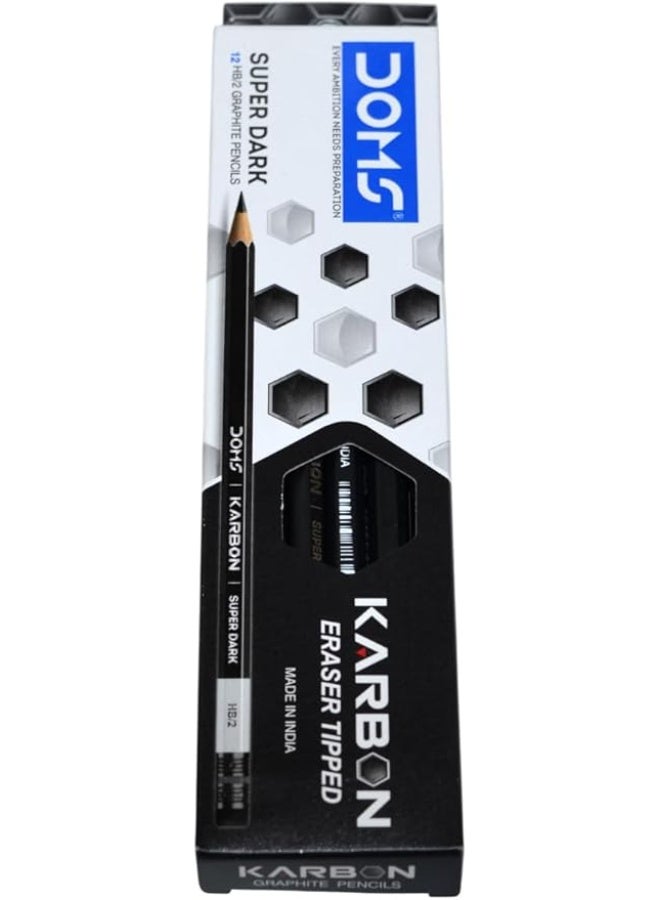 DOMS Karbon Super Dark Graphite Pencils HB2 with Eraser Tip – Pack of 12, Smooth Writing & Extra Dark Lead - Image 1