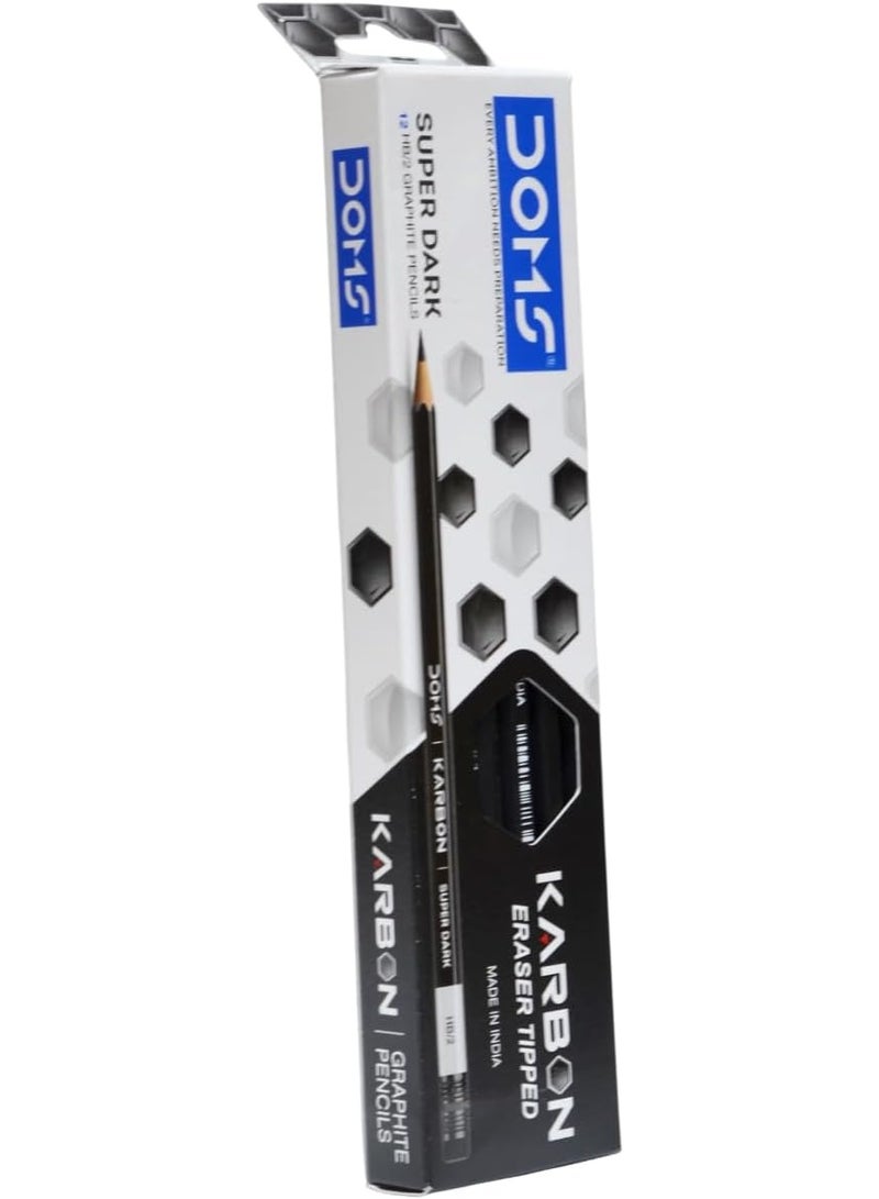 DOMS Karbon Super Dark Graphite Pencils HB2 with Eraser Tip – Pack of 12, Smooth Writing & Extra Dark Lead - Image 2