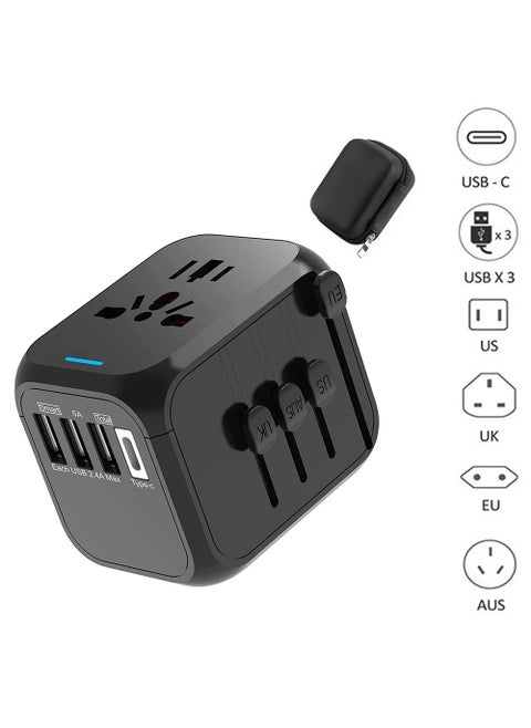 Multi-country Universal Travel AC Power Socket Converter Multi-function charger with 3 USB ports and 1 Type-C US UK EU AUS black adapter 6A 250V Max Portable Travel Plug