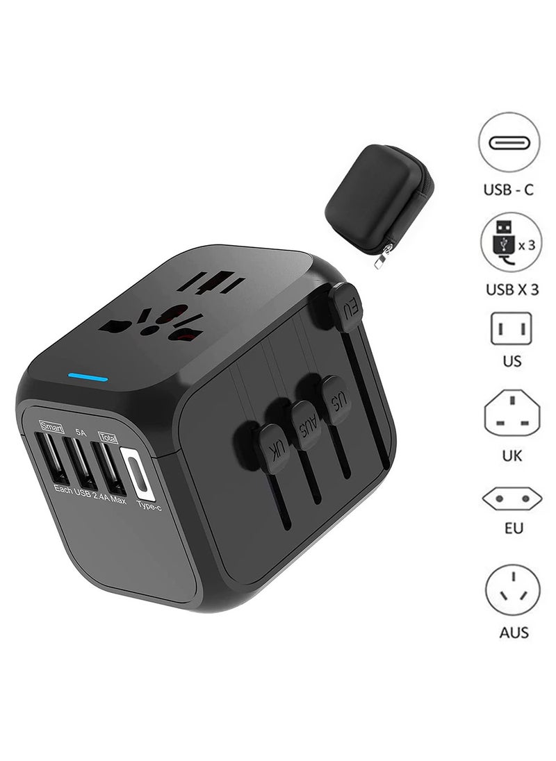 Multi-country Universal Travel AC Power Socket Converter Multi-function charger with 3 USB ports and 1 Type-C US UK EU AUS black adapter 6A 250V Max Portable Travel Plug