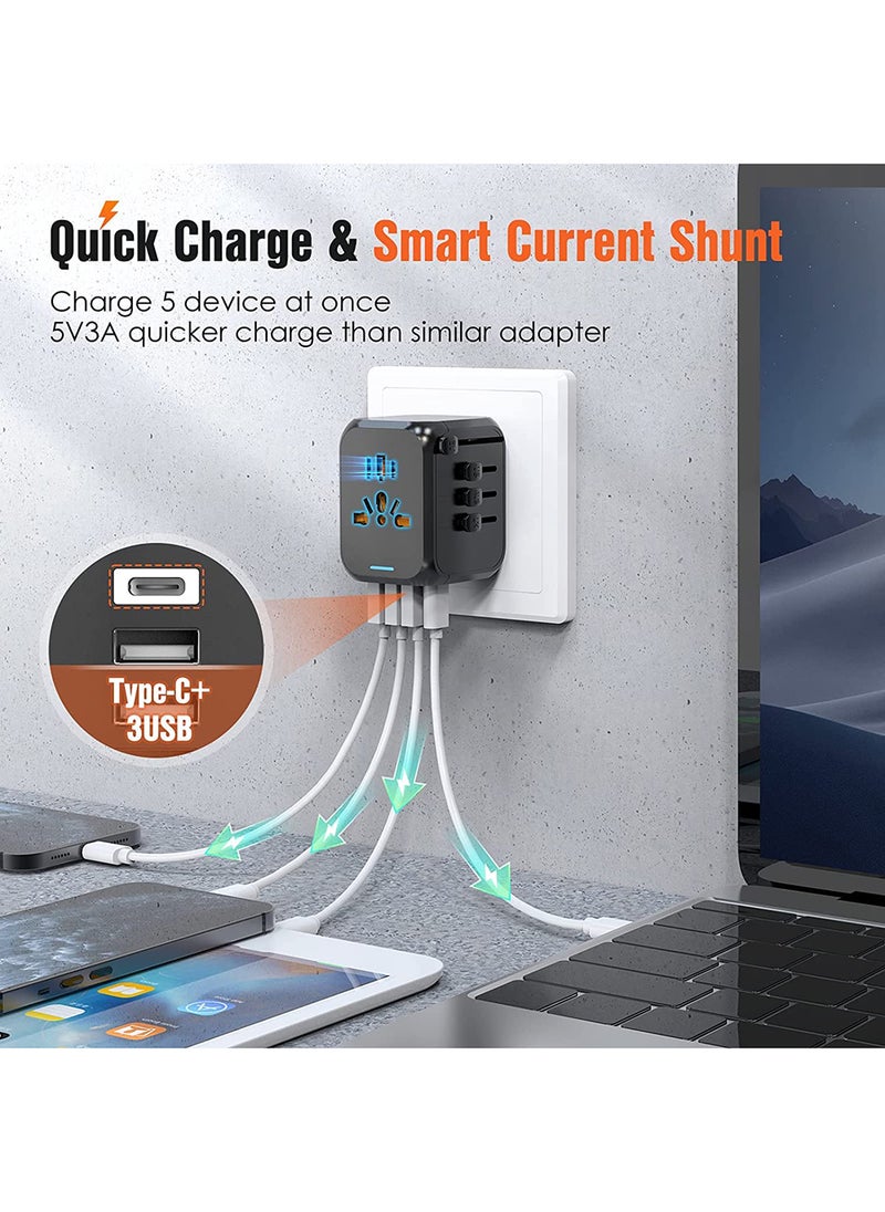 Multi-country Universal Travel AC Power Socket Converter Multi-function charger with 3 USB ports and 1 Type-C US UK EU AUS black adapter 6A 250V Max Portable Travel Plug