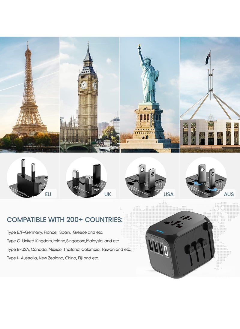 Multi-country Universal Travel AC Power Socket Converter Multi-function charger with 3 USB ports and 1 Type-C US UK EU AUS black adapter 6A 250V Max Portable Travel Plug