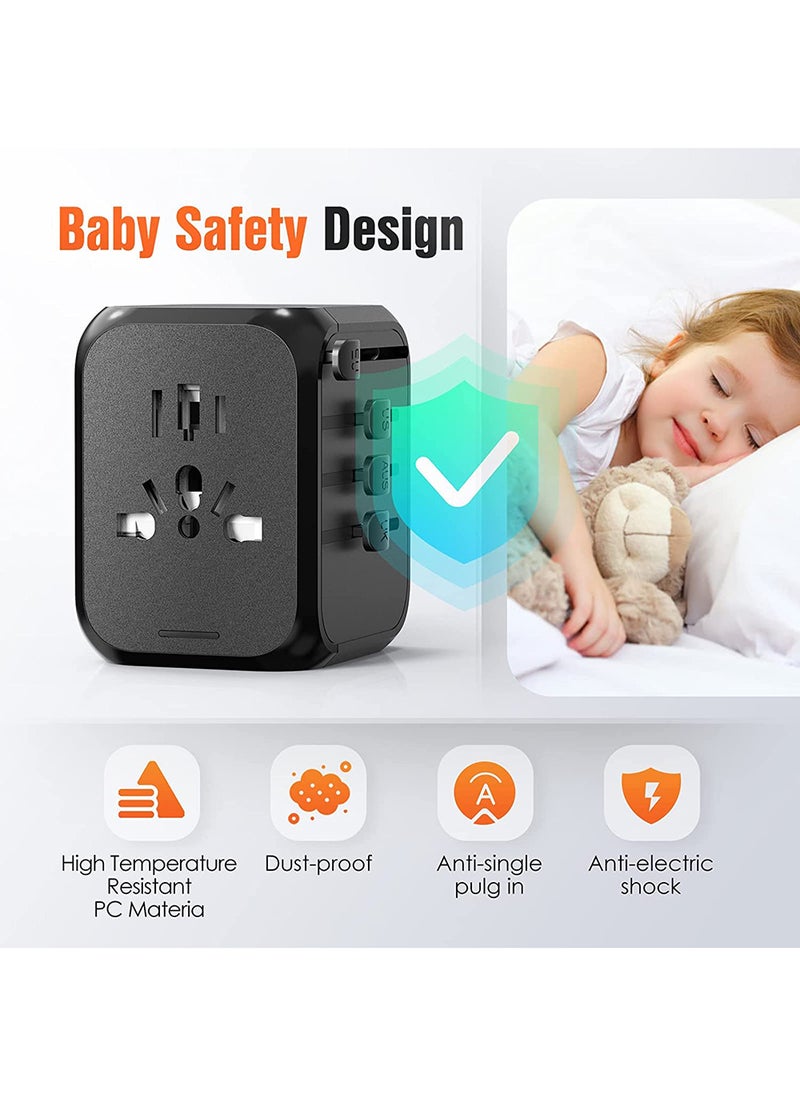 Multi-country Universal Travel AC Power Socket Converter Multi-function charger with 3 USB ports and 1 Type-C US UK EU AUS black adapter 6A 250V Max Portable Travel Plug