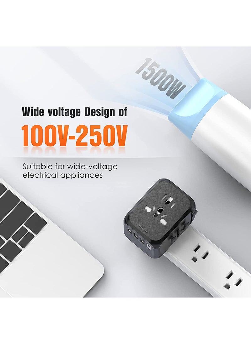 Multi-country Universal Travel AC Power Socket Converter Multi-function charger with 3 USB ports and 1 Type-C US UK EU AUS black adapter 6A 250V Max Portable Travel Plug