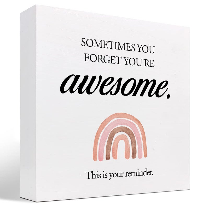 z-crange z-crange Sometimes You Forget You're Awesome Wood Box Sign Decor Desk Sign Inspirational Rainbow Wooden Box Block Sign for Home Office Shelf Table Decor Decorations - Image 1