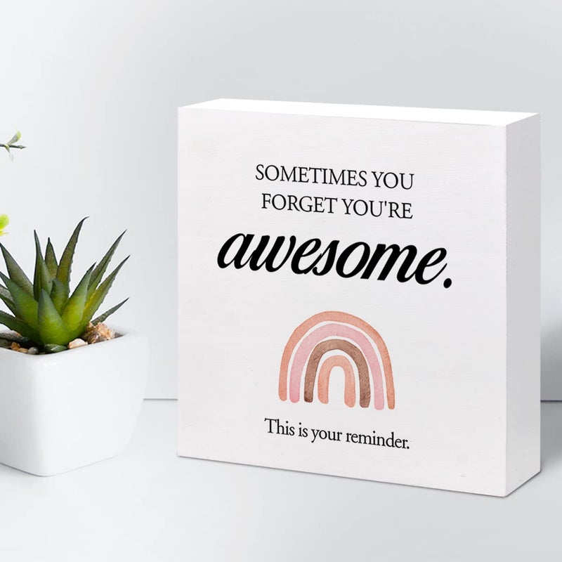z-crange z-crange Sometimes You Forget You're Awesome Wood Box Sign Decor Desk Sign Inspirational Rainbow Wooden Box Block Sign for Home Office Shelf Table Decor Decorations - Image 5