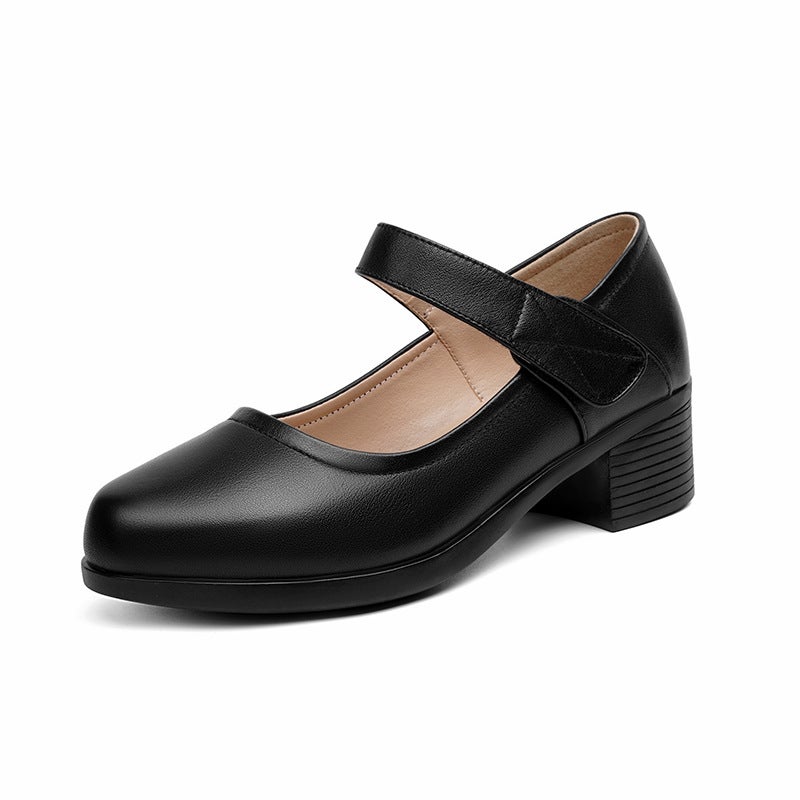 First-Layer Cowhide Work Shoes For Women, Black Stewardess, Standing For A Long Time At Work, Not Tired Feet, Soft Sole, Thick Heel, Interview Professional Work Clothing Shoes - Image 1
