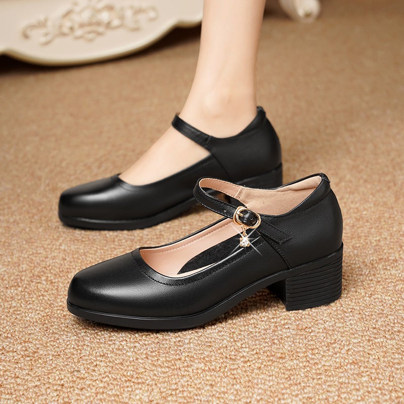 First-Layer Cowhide Work Shoes For Women, Black Stewardess, Standing For A Long Time At Work, Not Tired Feet, Soft Sole, Thick Heel, Interview Professional Work Clothing Shoes - Image 3