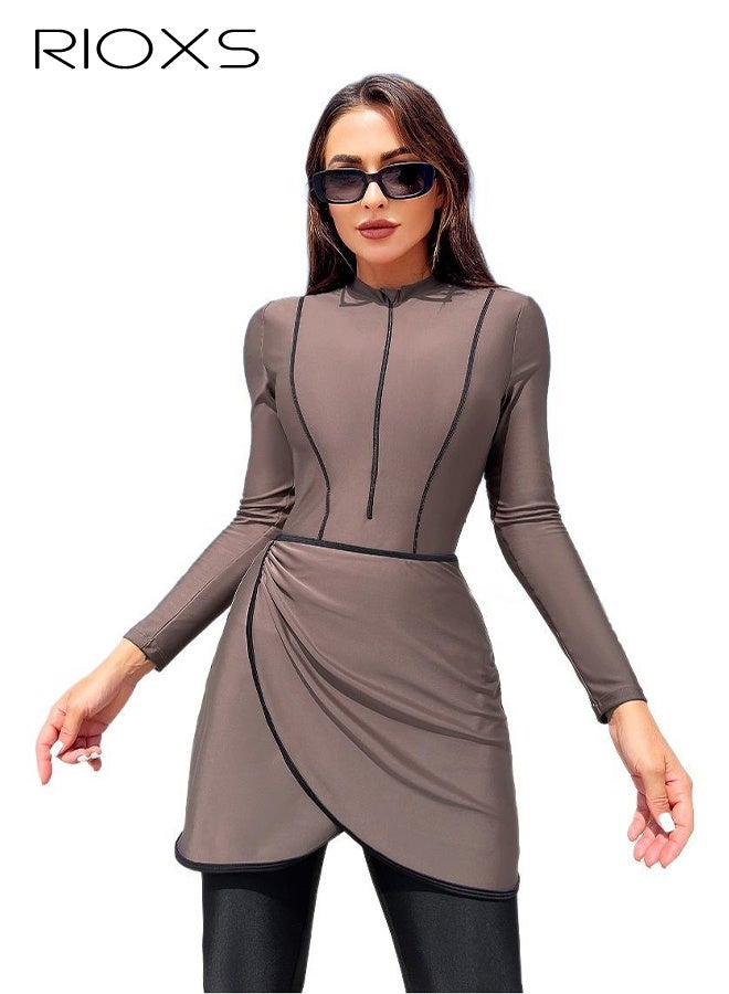 2 Pieces Swimsuits For Women, Modest Muslim Swimsuit, Islamic Long Sleeve Swim Top And UV Sun Protection Leggings, Ladies Soild Beachwear Bathing Suit,  Full Coverage Swimwear, Ladies' Swim Suit For Beach/ Surfing/ Rafting