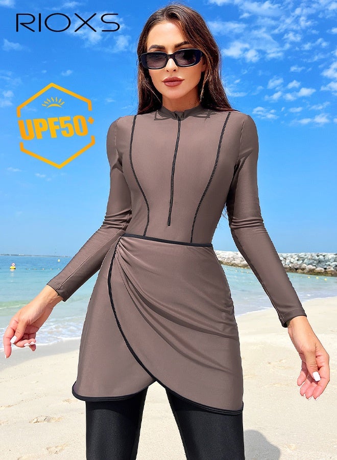 2 Pieces Swimsuits For Women, Modest Muslim Swimsuit, Islamic Long Sleeve Swim Top And UV Sun Protection Leggings, Ladies Soild Beachwear Bathing Suit,  Full Coverage Swimwear, Ladies' Swim Suit For Beach/ Surfing/ Rafting