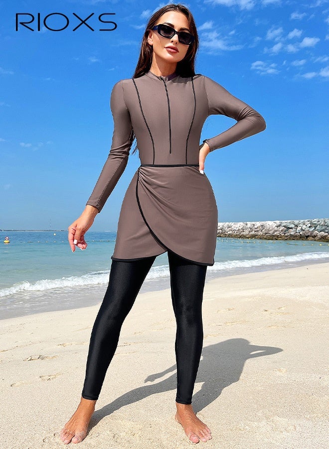 2 Pieces Swimsuits For Women, Modest Muslim Swimsuit, Islamic Long Sleeve Swim Top And UV Sun Protection Leggings, Ladies Soild Beachwear Bathing Suit,  Full Coverage Swimwear, Ladies' Swim Suit For Beach/ Surfing/ Rafting
