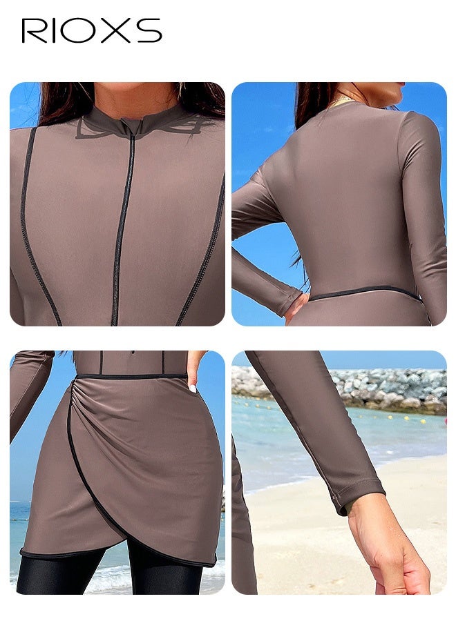 2 Pieces Swimsuits For Women, Modest Muslim Swimsuit, Islamic Long Sleeve Swim Top And UV Sun Protection Leggings, Ladies Soild Beachwear Bathing Suit,  Full Coverage Swimwear, Ladies' Swim Suit For Beach/ Surfing/ Rafting