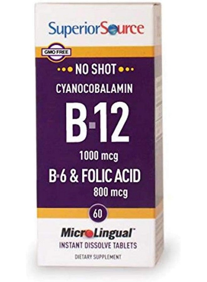 Superior Source No Shot Vitamin B-12 Cyanocobalamin 1000 mcg, B-6, Folic Acid 800 mcg - Support Brain & Heart Health - Aids Natural Energy Levels - 60 Sublingual Dissolving Tablets - Image 1