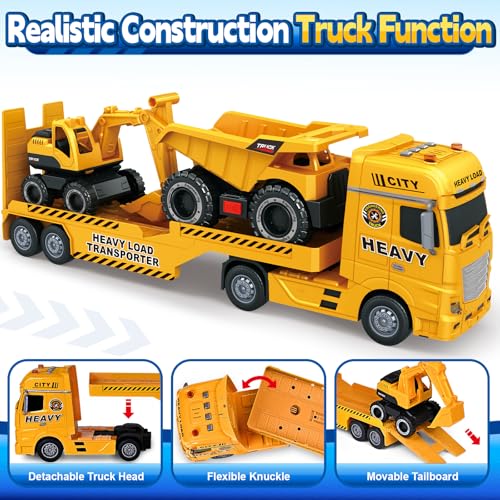 Bstoyder Toddler Boy Toys for 3 4 5 6 7 Years Kids 25 Semi Construction Carrier Truck Toy with Excavator and Dump Truck Friction Powered Toys with Lights and Sounds Birthday for Boy Girls - Image 5