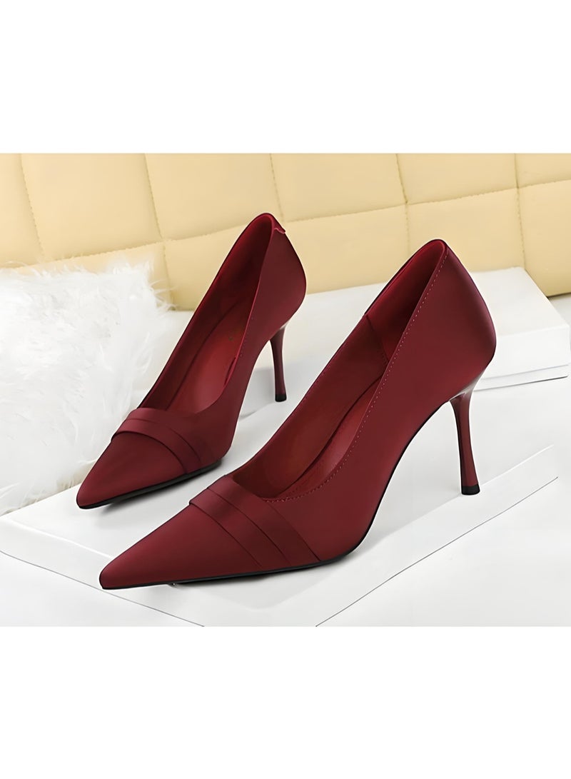 BIGTREE Women's Satin Stiletto Pumps Closed Pointed Toe High Heels Party Dress Shoes Wine Red 8CM - Image 1
