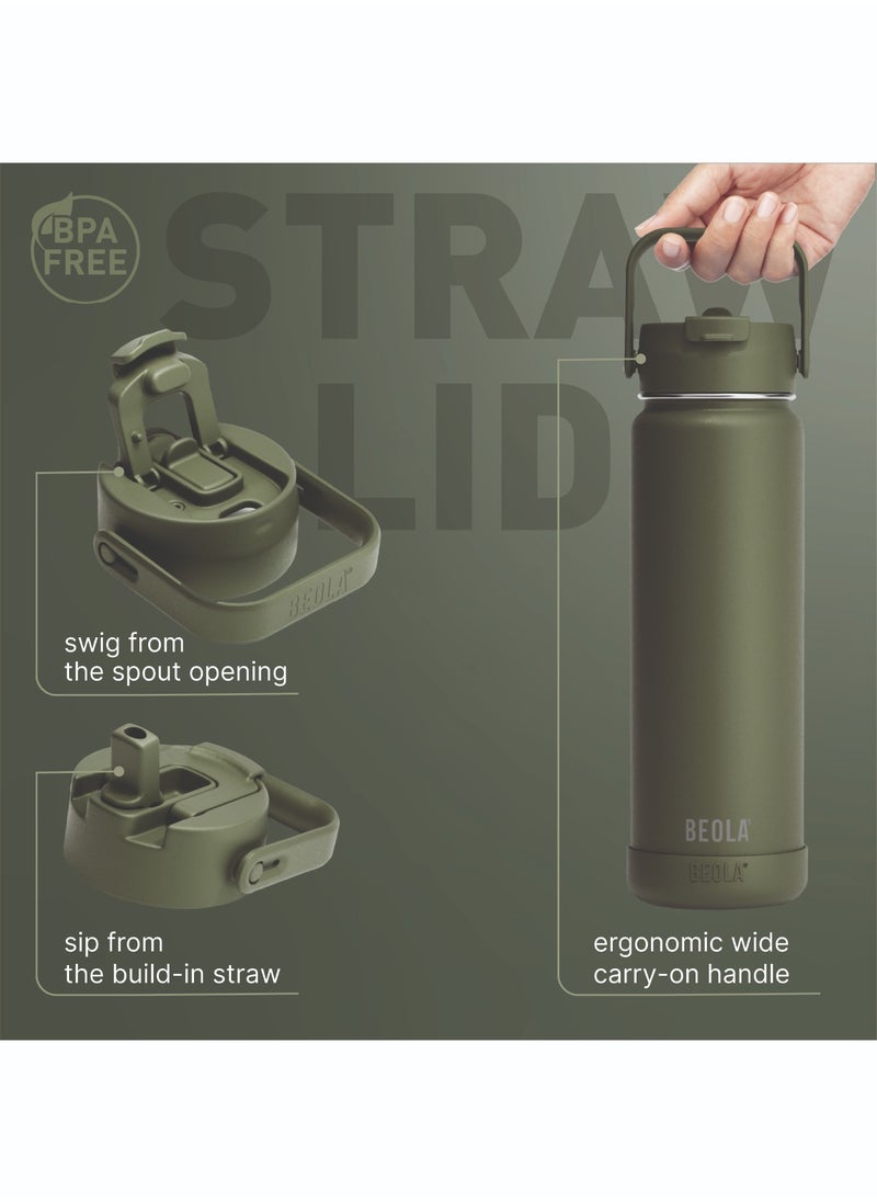 BEOLA 750ml Vacuum Insulated Water Bottle, Double Wall Thermolab series Stainless Steel Drinking Flask with Straw Lid & Wide Mouth, 2 lids, Hot Cold Thermos Sports Bottle, 24oz (Forest Green)  - Image 3