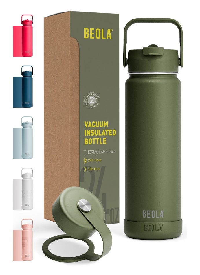 BEOLA 750ml Vacuum Insulated Water Bottle, Double Wall Thermolab series Stainless Steel Drinking Flask with Straw Lid & Wide Mouth, 2 lids, Hot Cold Thermos Sports Bottle, 24oz (Forest Green)  - Image 1