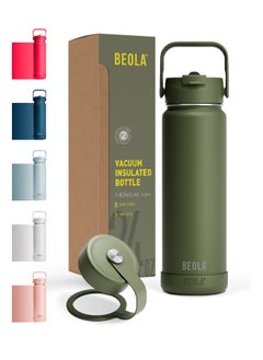BEOLA 750ml Vacuum Insulated Water Bottle, Double Wall Thermolab series Stainless Steel Drinking Flask with Straw Lid & Wide Mouth, 2 lids, Hot Cold Thermos Sports Bottle, 24oz (Forest Green)  - Image 1