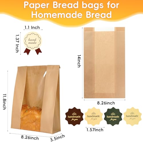 Funcoo 100 Pcs Paper Bread Bags for Homemade Sourdough Bread Bakery Storage Bags with Window, Large Thicker Bakery Loaf Bags for Baked Goods Packaging, Label Seal Sticker Included - Image 2