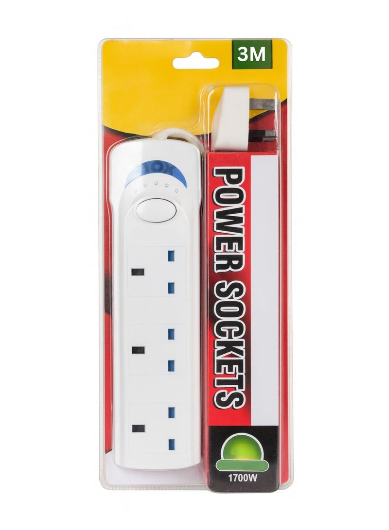 Powermax 3-Socket Extension Cord – 3 Meter Cable | 1700W Power Strip with Universal Plug Adapter | Safe & Durable Extension Board for Home, Office & Kitchen – White - Image 1