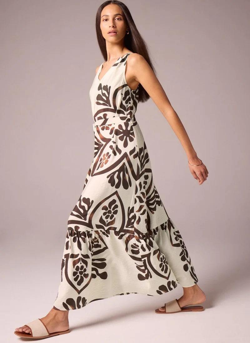 Matalan Brown Abstract Leaf Pattern Tie Waist Maxi Dress