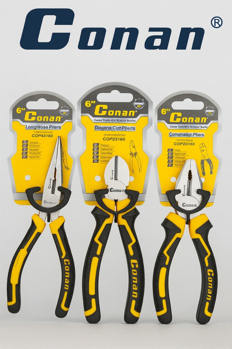 Conan Professional 3-Piece Pliers Set – 6" (160mm) Including Long Nose Pliers + Diagonal Cutting Pliers + Combination Pliers - Image 1