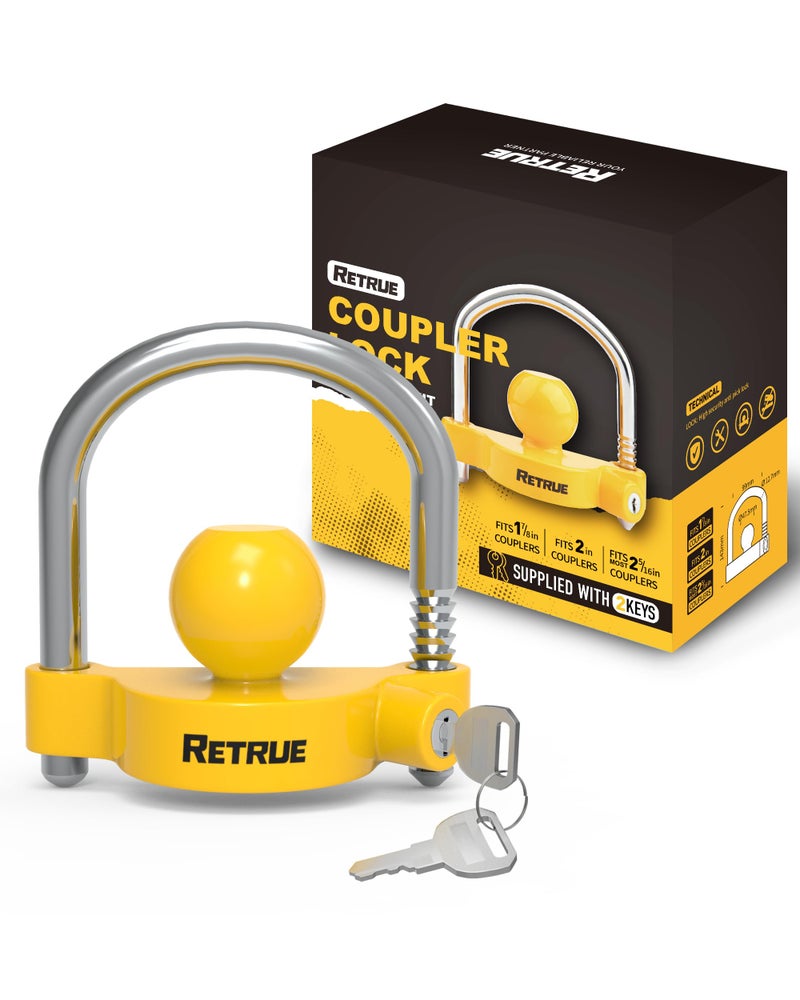 RETRUE Universal Coupler Lock Trailer Locks Ball Hitch Trailer Hitch Lock Adjustable Security Heavy-Duty Steel Fits 1-7/8 Inch, 2 Inch, 2-5/16 Inch Couplers, Bright Yellow, Light Weight - Image 1