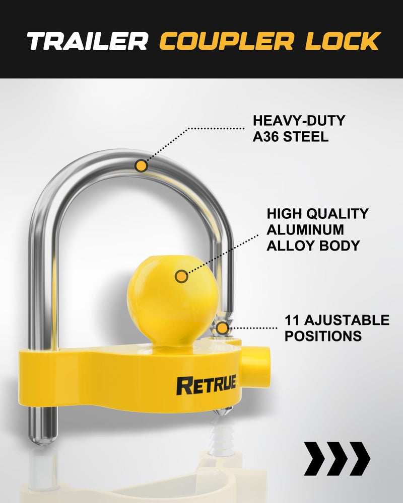 RETRUE Universal Coupler Lock Trailer Locks Ball Hitch Trailer Hitch Lock Adjustable Security Heavy-Duty Steel Fits 1-7/8 Inch, 2 Inch, 2-5/16 Inch Couplers, Bright Yellow, Light Weight - Image 2