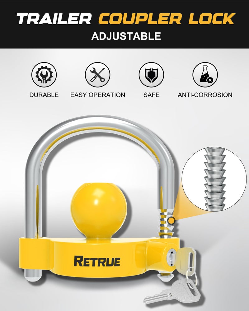 RETRUE Universal Coupler Lock Trailer Locks Ball Hitch Trailer Hitch Lock Adjustable Security Heavy-Duty Steel Fits 1-7/8 Inch, 2 Inch, 2-5/16 Inch Couplers, Bright Yellow, Light Weight - Image 4