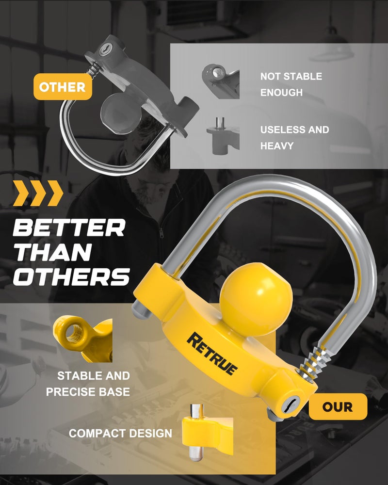 RETRUE Universal Coupler Lock Trailer Locks Ball Hitch Trailer Hitch Lock Adjustable Security Heavy-Duty Steel Fits 1-7/8 Inch, 2 Inch, 2-5/16 Inch Couplers, Bright Yellow, Light Weight - Image 5