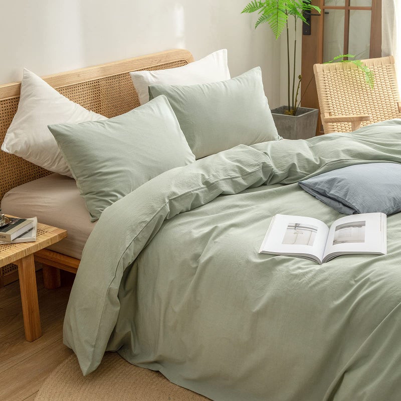 BESTOUCH Duvet Cover Set 100% Washed Cotton Linen Feel Super Soft Comfortable Chic Lightweight 3 PCs Home Bedding Set Solid Sage Green Super King - Image 2