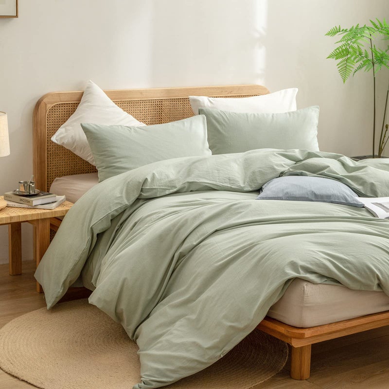 BESTOUCH Duvet Cover Set 100% Washed Cotton Linen Feel Super Soft Comfortable Chic Lightweight 3 PCs Home Bedding Set Solid Sage Green Super King - Image 5