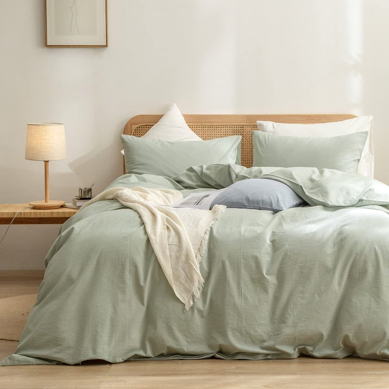 BESTOUCH Duvet Cover Set 100% Washed Cotton Linen Feel Super Soft Comfortable Chic Lightweight 3 PCs Home Bedding Set Solid Sage Green Super King - Image 1