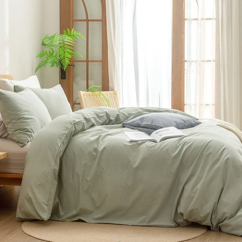 BESTOUCH Duvet Cover Set 100% Washed Cotton Linen Feel Super Soft Comfortable Chic Lightweight 3 PCs Home Bedding Set Solid Sage Green Super King - Image 3