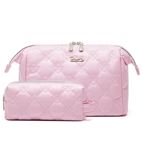 BOYATU Travel Makeup Bag Cosmetic Pouch 2 Pcs Set Waterproof Vegan Leather Cosmetic Bags for Women Cute Quilted Skincare Make up Toiletry Bag for Girl 01Pink - Image 1