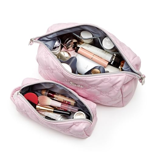 BOYATU Travel Makeup Bag Cosmetic Pouch 2 Pcs Set Waterproof Vegan Leather Cosmetic Bags for Women Cute Quilted Skincare Make up Toiletry Bag for Girl 01Pink - Image 3