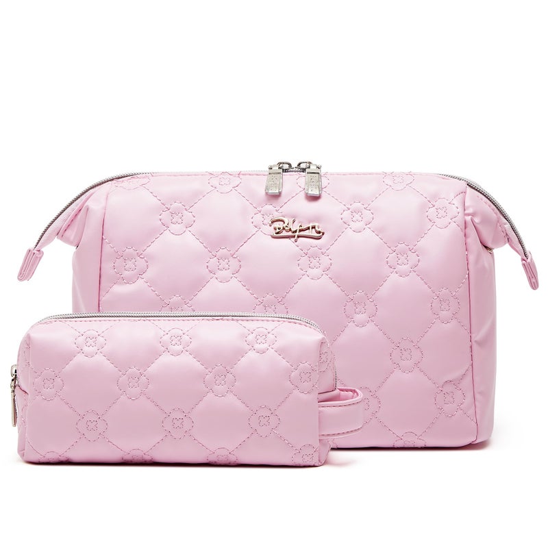 BOYATU Travel Makeup Bag Cosmetic Pouch 2 Pcs Set Waterproof Vegan Leather Cosmetic Bags for Women Cute Quilted Skincare Make up Toiletry Bag for Girl 01Pink - Image 2