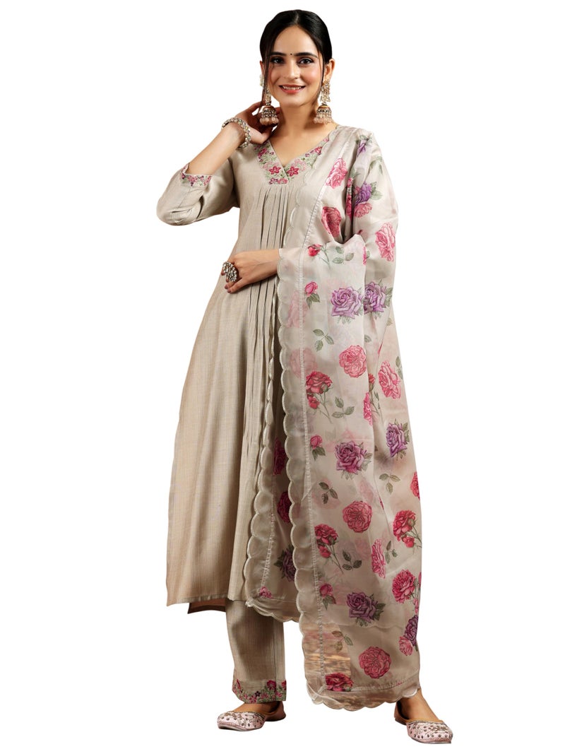 Libas Womens Yoke Design Silk Blend Straight Kurta With Trousers and Dupatta - Image 2