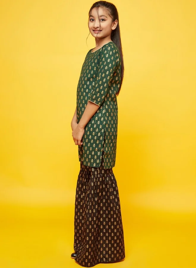 AKS Ethnic Motifs Printed Green Kurta with Sharara for Girls
