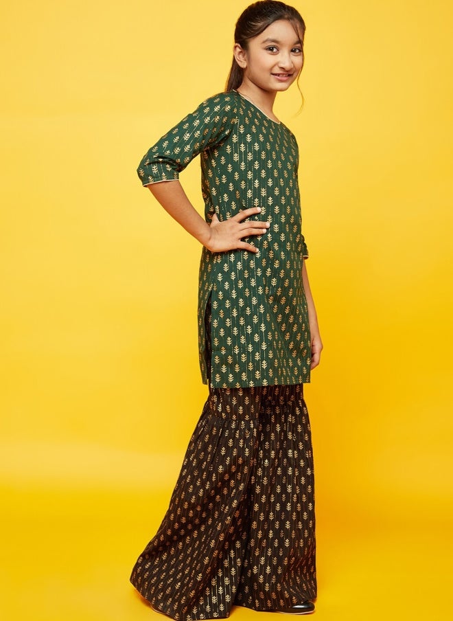 AKS Ethnic Motifs Printed Green Kurta with Sharara for Girls - Image 4