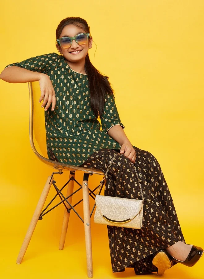 AKS Ethnic Motifs Printed Green Kurta with Sharara for Girls