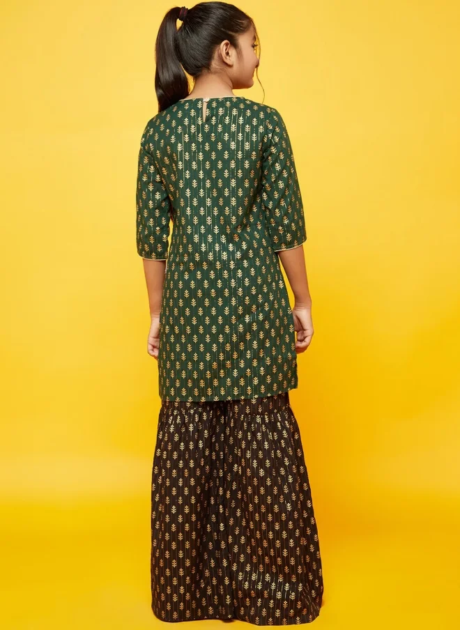 AKS Ethnic Motifs Printed Green Kurta with Sharara for Girls